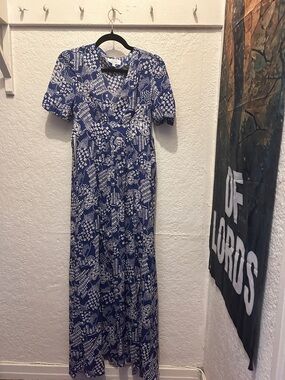 Blue and White Floral V-Neck Maxi Dress